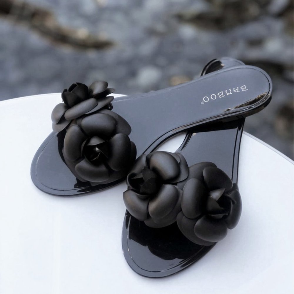 NEW Black Camellia Flower Jelly Beach Slip On Slides Sandal Slippers Flats Shoes